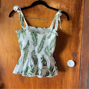 Green Leaf Print Smocked Top